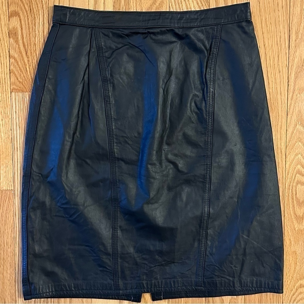 Vtg Winlit Genuine Black Leather Lined Pencil Knee Skirt 28” waist sz 10